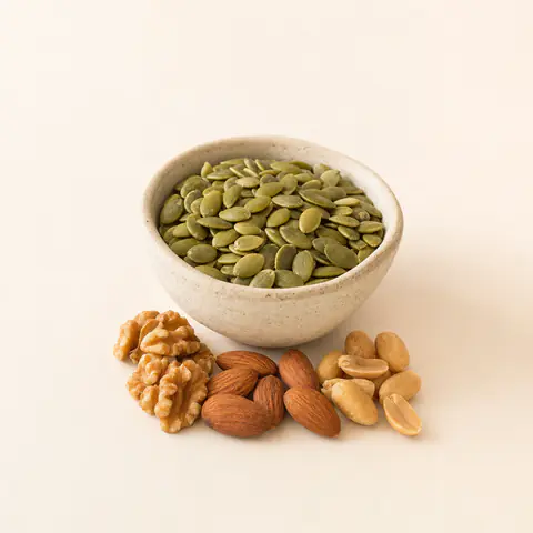 Pepitas de calabaza, nueces, almendras y cacahuates: alimentos con L-arginina, aminoácido de la fórmula de Eroferon