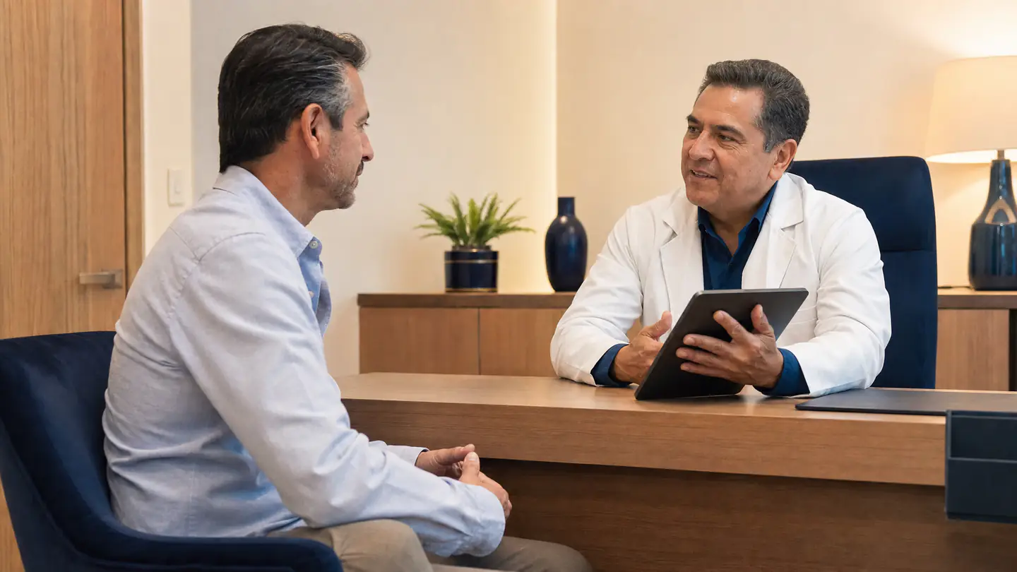 Hombre de unos 45 años platica con su urólogo en un consultorio luminoso sobre la revisión de próstata