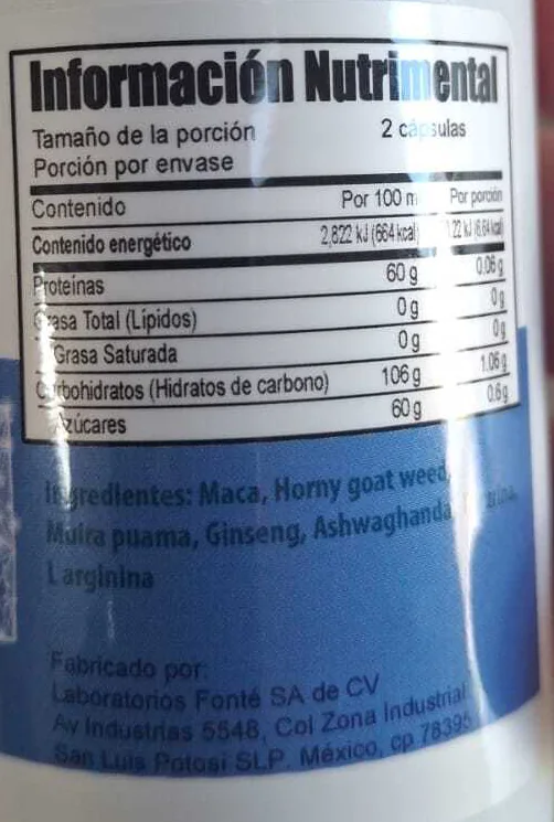 Etiqueta trasera de Eroferon: información nutrimental por porción de 2 cápsulas, ingredientes y fabricante Laboratorios Fonté