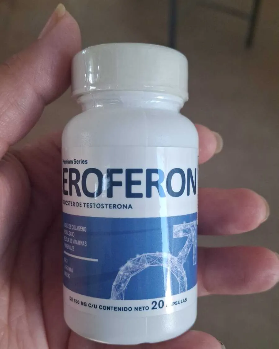 Frasco original de Eroferon en la mano, 20 cápsulas, Booster de testosterona