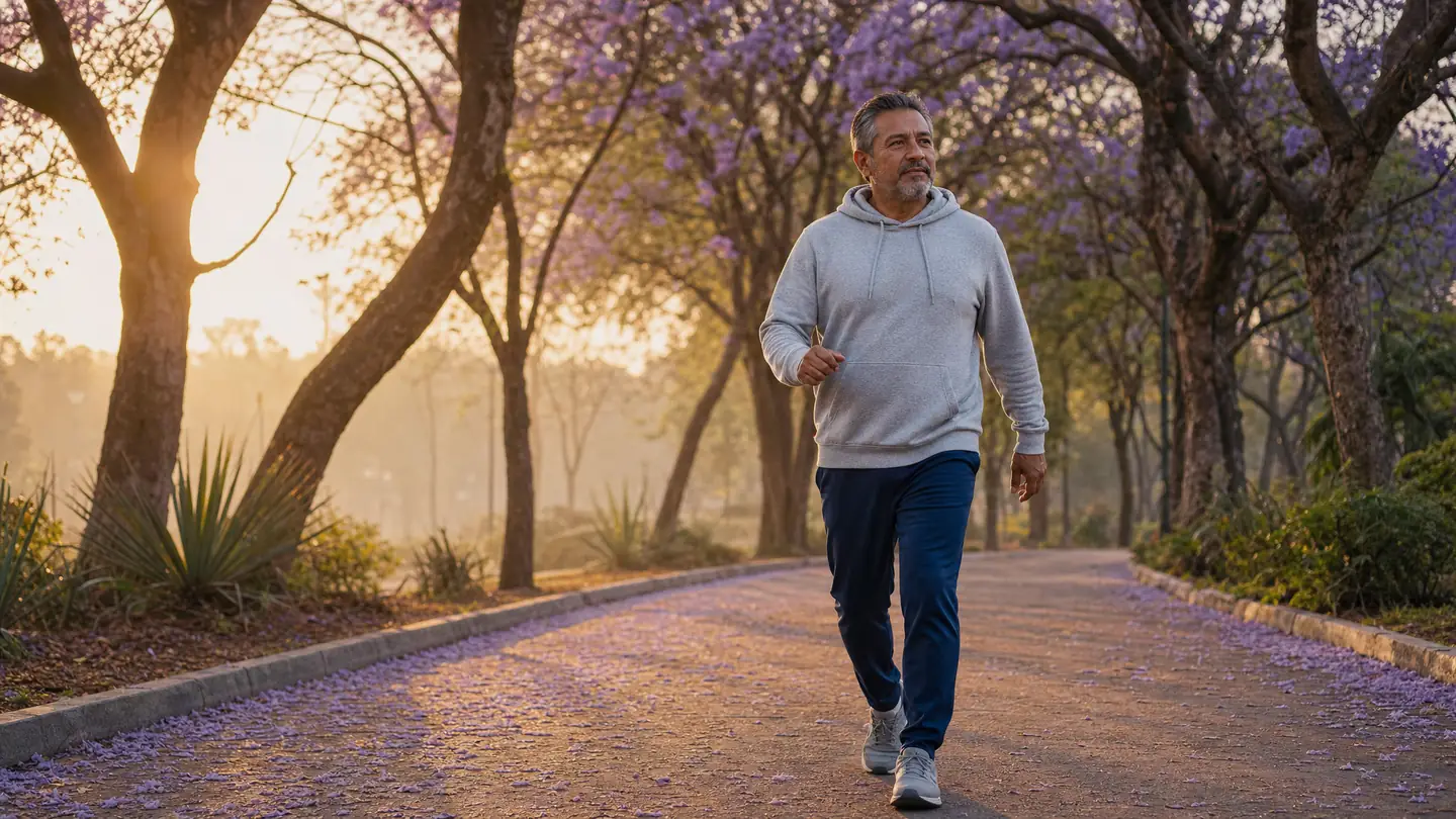 Hombre de unos 50 años camina temprano por un parque de la ciudad con ropa deportiva