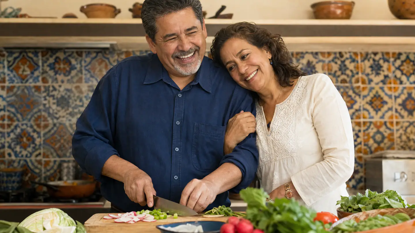 Pareja de unos 50 años sonriendo en la cocina de su casa al final del día