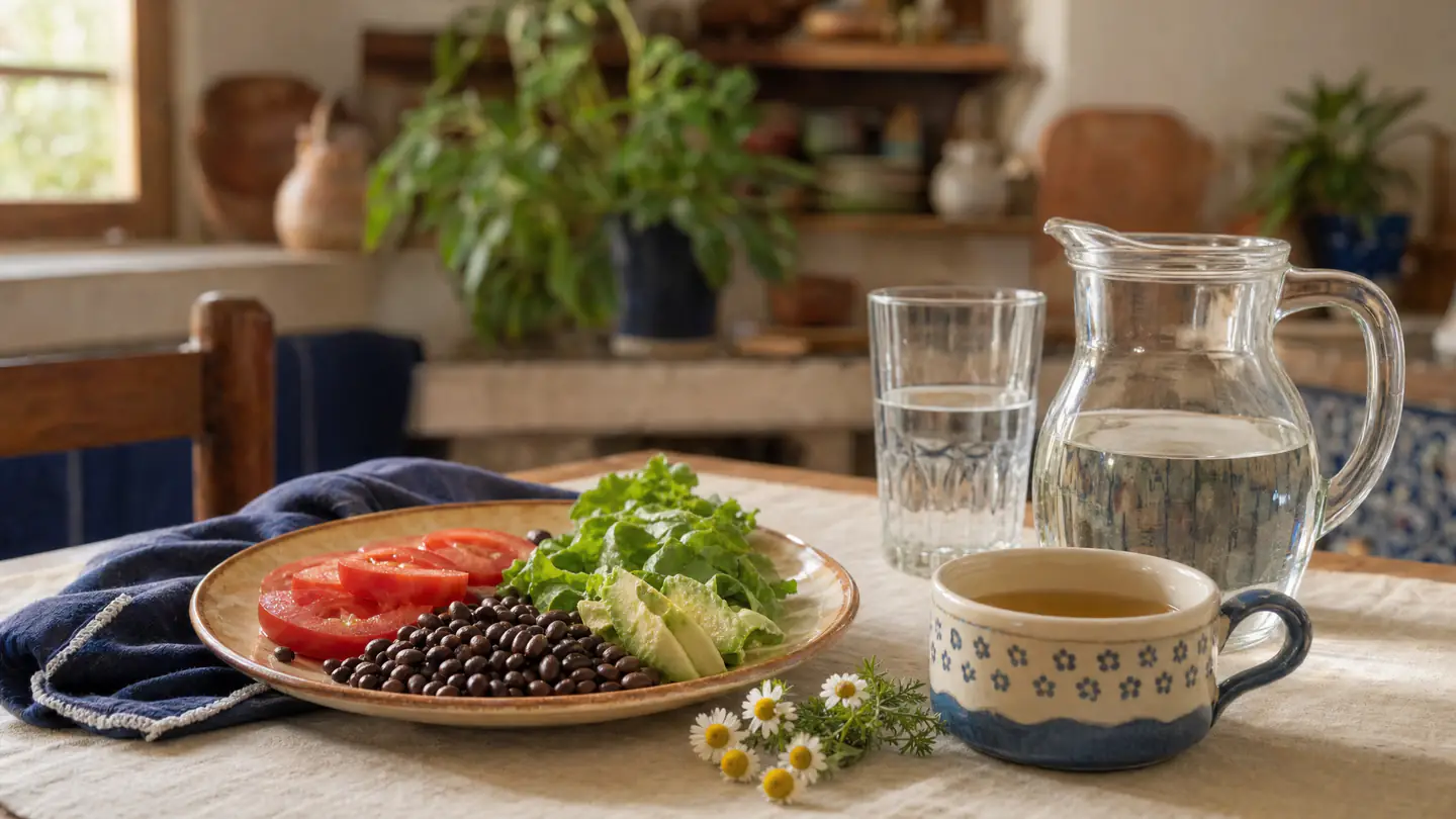 Taza de manzanilla y vaso de agua sobre una mesa de cocina por la tarde, junto a un plato de verduras