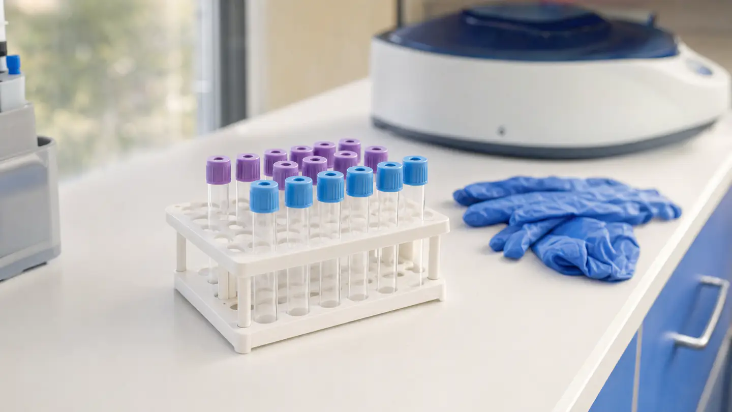 Tubo de muestra de sangre en un laboratorio clínico, listo para el análisis de antígeno prostático específico